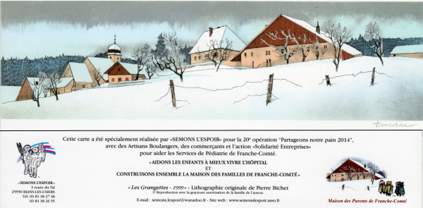 Carte éditée par l'Association Semons l'Espoir recto-verso - Lithographie de Pierre Bichet : Les Grangettes